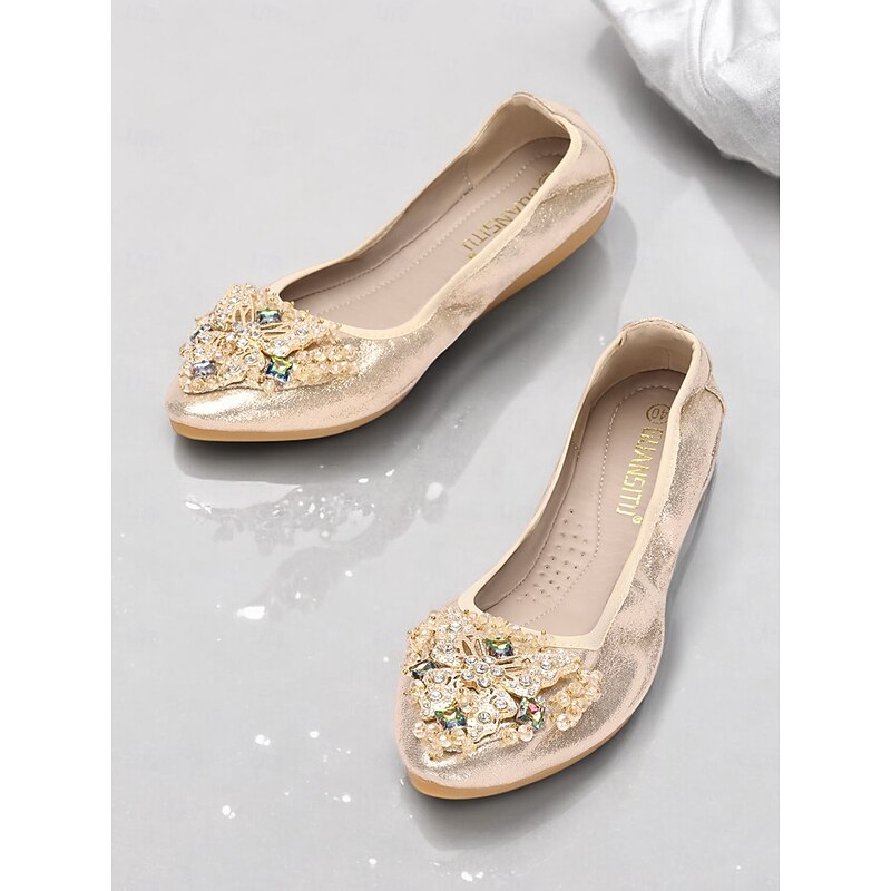 Women's Foldable Gold Glitter Flats with Crystal Embellishments – Comfortable Slip-On Shoes for Casual and Special Occasions2