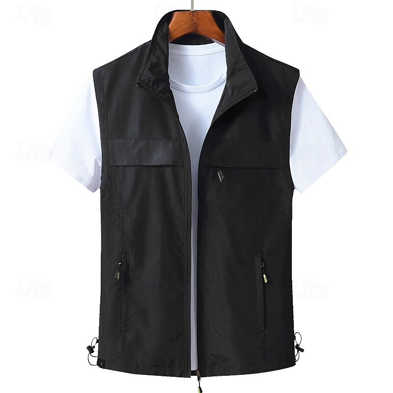 Men's Vest Gilet Fishing Vest Hiking Vest Daily Date Vacation Fashion Casual Spring &  Fall Pocket Nylon Comfortable Plain Zipper Stand Collar Regular Fit Black Red Khaki Army Green Vest4