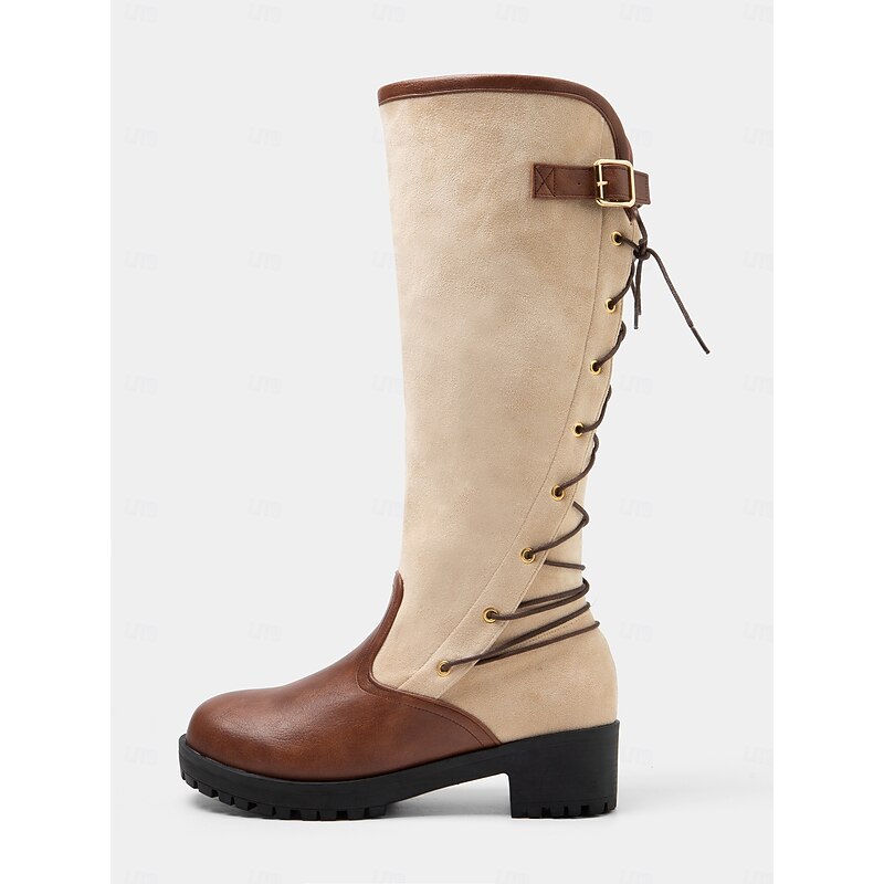 Women's Equestrian Riding Boots – Brown and Beige Faux Leather Knee-High Boots with Lace-Up Back, Ideal for Horseback Riding, Outdoor Fall Adventures, and Country Style Outfits4