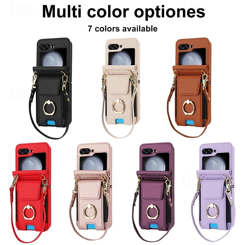 Phone Case For Samsung Galaxy Z Flip 7 Z Flip 6 Z Flip 5 Z Flip 4 Z Flip 3 Back Cover Ring Holder with Lanyard with Wrist Strap Retro TPU PU Leather2