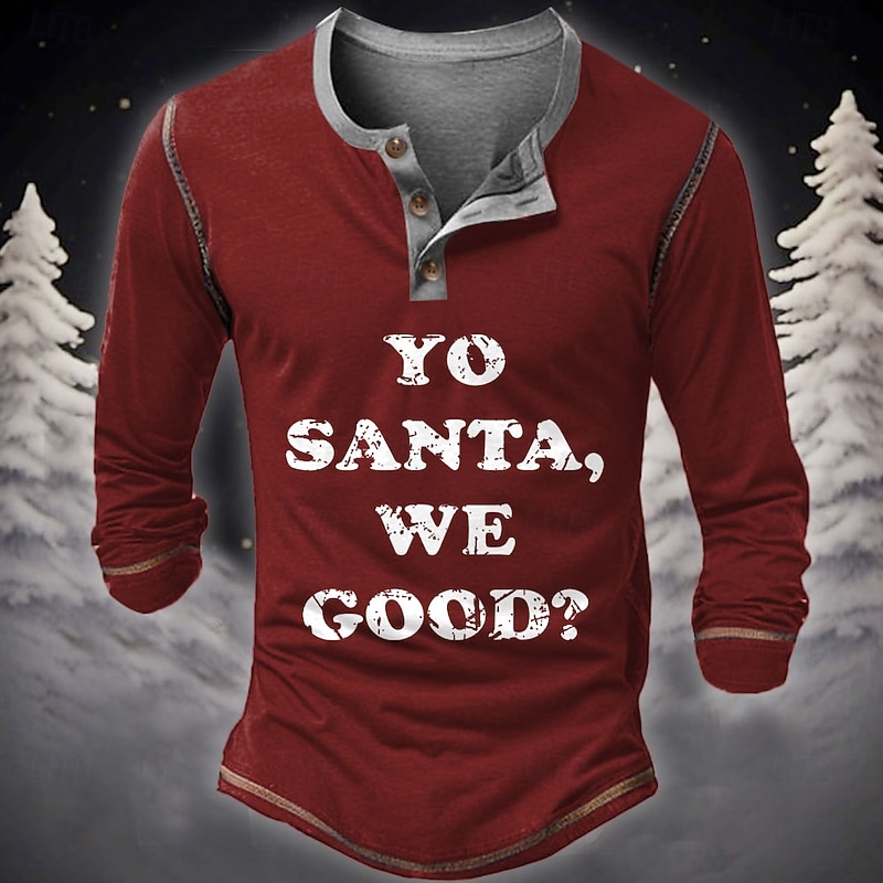 Christmas Men's Funny Christmas Henley T Shirt Letter Daily Simple Basic 3D Printing Henley Party Casual Daily Black Red Green Long Sleeve Henley Winter Spring &  Fall Clothing Apparel Normal S M L