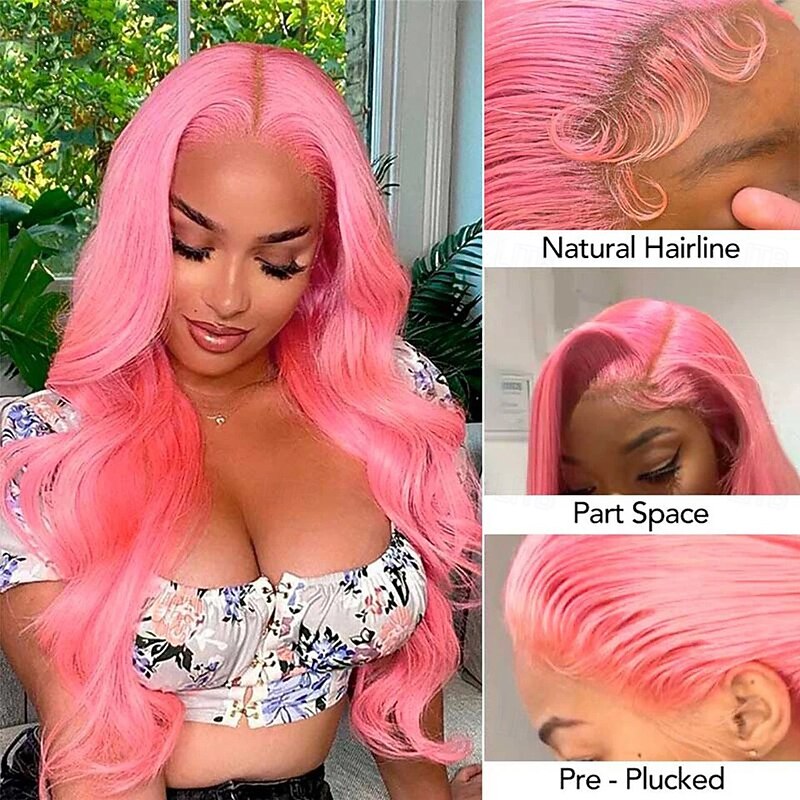 Remy Human Hair 13x4 Lace Front Wig Free Part Peruvian Hair Body Wave Pink Wig 150% Density with Baby Hair Glueless Pre-Plucked For wigs for black women Long Human Hair Lace Wig3