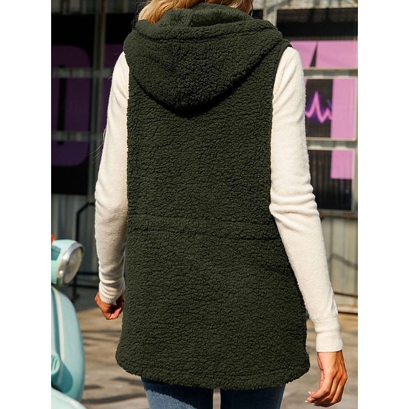 Women's Fleece Vest Teddy Coat Warm Breathable Zipper Pocket Fleece Lined Casual Plain Vacation Street Daily Wear Going out Zipper Regular Hoodie Regular Fit Sleeveless Outerwear Army Green Fall3