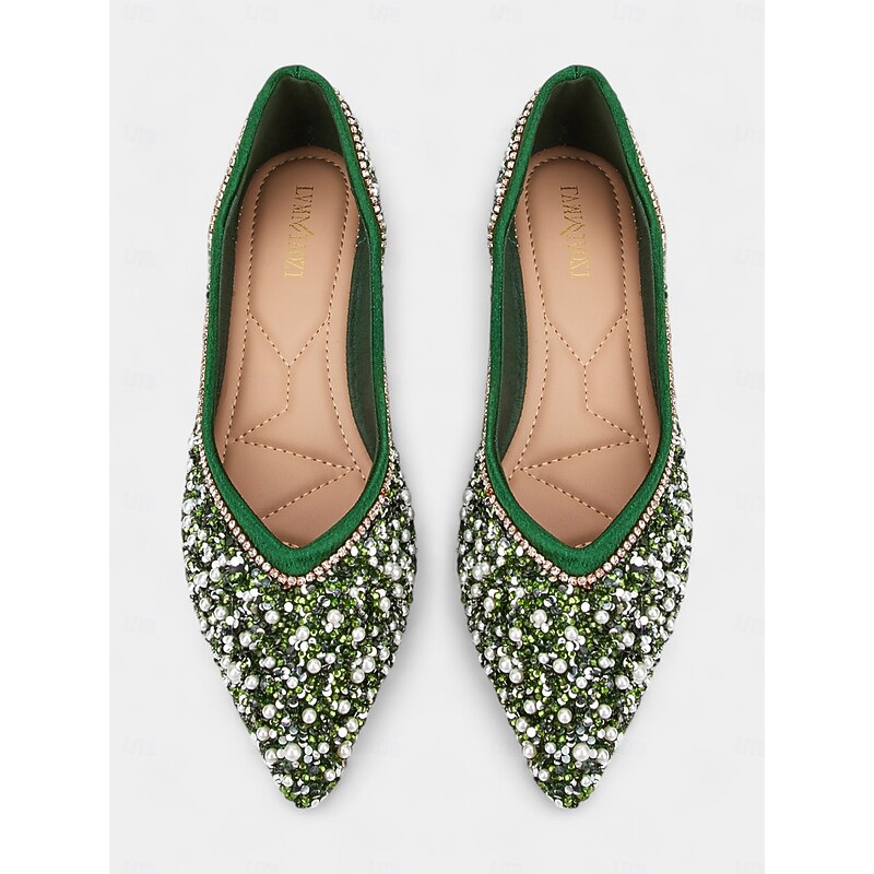 Women's Green Rhinestone Embellished Pointed-Toe Flats, Elegant Crystal Beaded Ballet Shoes, Perfect for Weddings, Parties, and Formal Occasions
