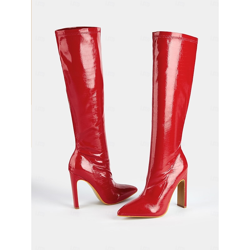 Women's Red Patent Faux Leather Knee-High Stiletto Boots with Crocodile Pattern - Sexy High Heel Boots for Parties and Night Out
