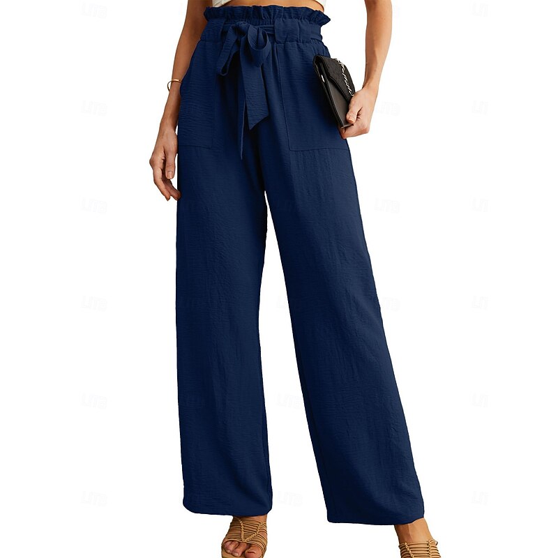 Women's Wide Leg Casual Pants with Pocket, Lightweight high Waist, Adjustable lace up Knot3