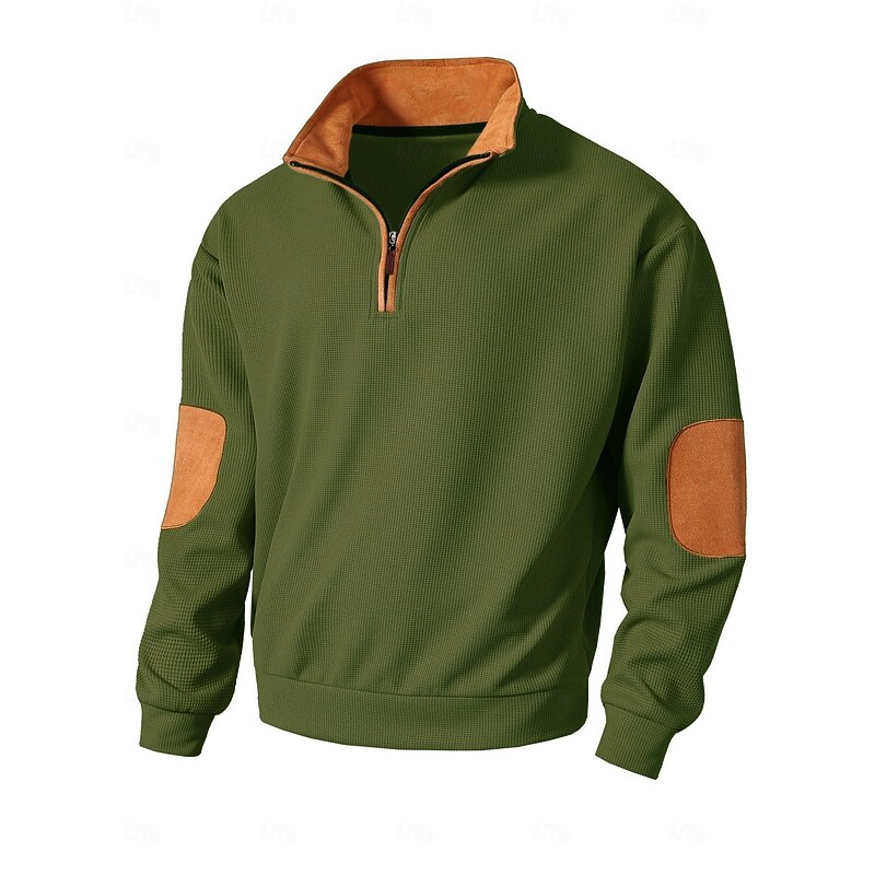 Men's Sweatshirt Waffle Sweatshirt Quarter Zip Sweatshirt Black Army Green Brown Khaki Dark Gray Half Zip Color Block Patchwork Sports & Outdoor Daily Holiday Polyester Streetwear Basic Casual Spring 7