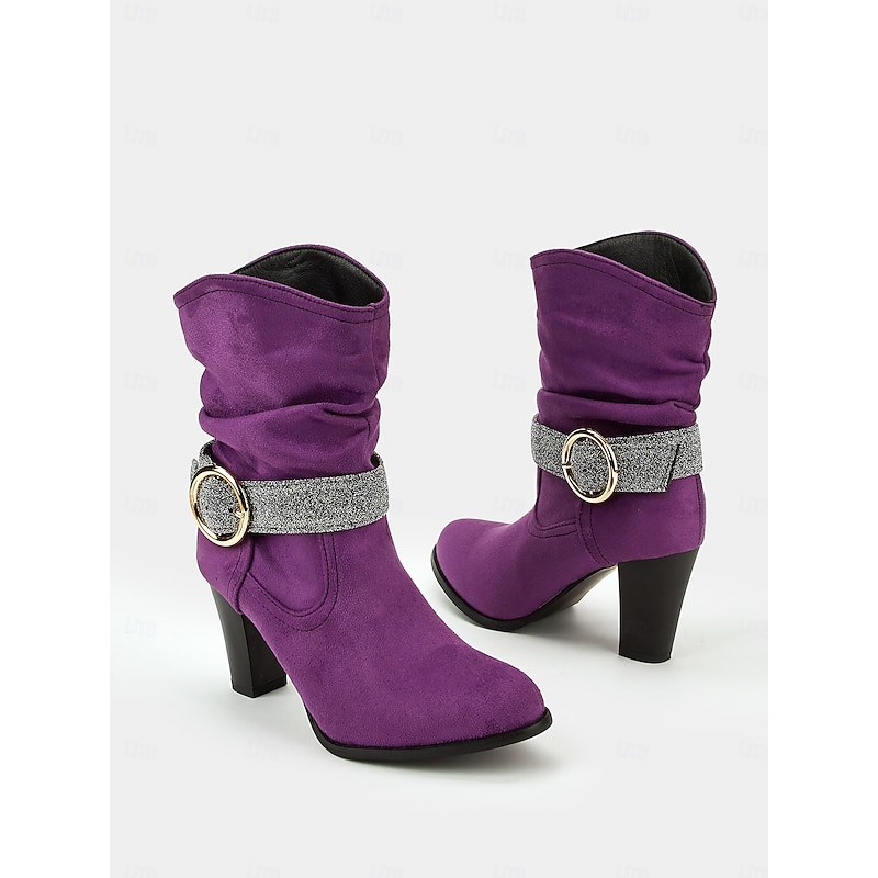 Women's Purple Faux Suede Ankle Boots with Glitter Strap and Gold Buckle, Stylish High Heel Booties for Parties and Evening Wear4