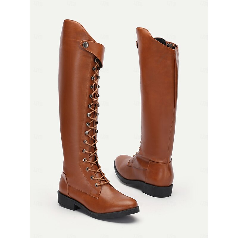 Women's Brown Knee-High Lace-Up Boots – Vintage Style Faux Leather Riding Boots for Fall and Winter2