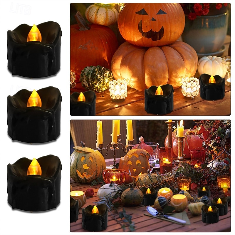 Black Flameless Teardrop Candle Lights Yellow Twinkle Tea Light Candle with Glitter Decoration Freestanding Plastic Round Single Wick for Various Room Types Valentine's Day  Halloween Christmas