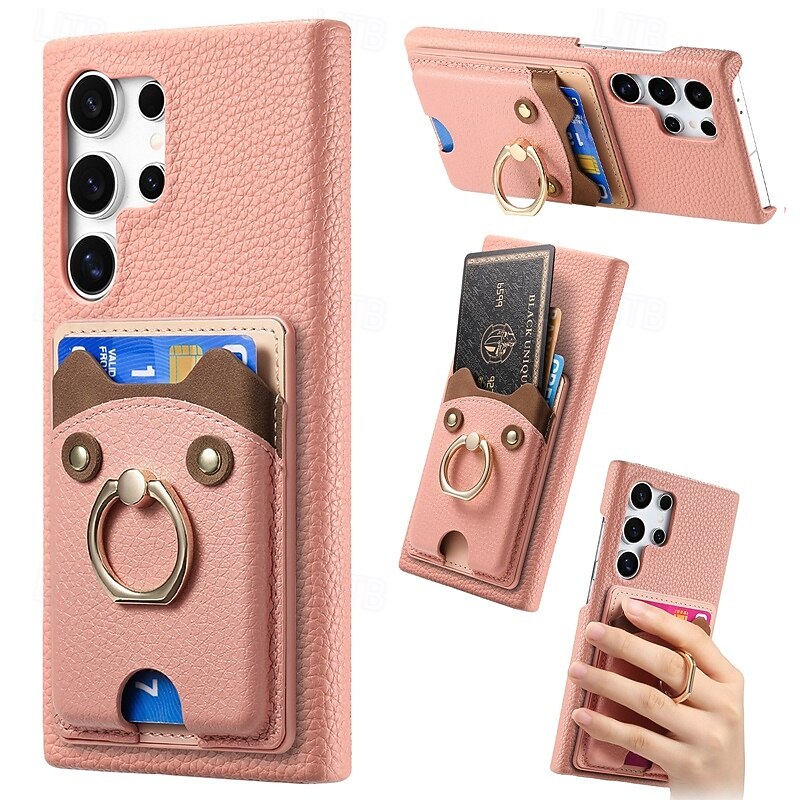 Phone Case For Samsung Galaxy S25 S24 S24 FE S23 S22 S21 Ultra Plus A55 5G A35 5G A25 A15 Back Cover Ring Holder Card Slot Shockproof Retro PC PU Leather2