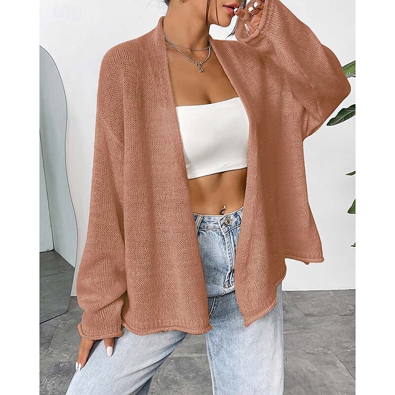 Women's Cardigan Streetwear Daily Casual Solid Color Open Front Knitted Long Sleeve Long Tops Knit Home Work Brown Green Fall Winter