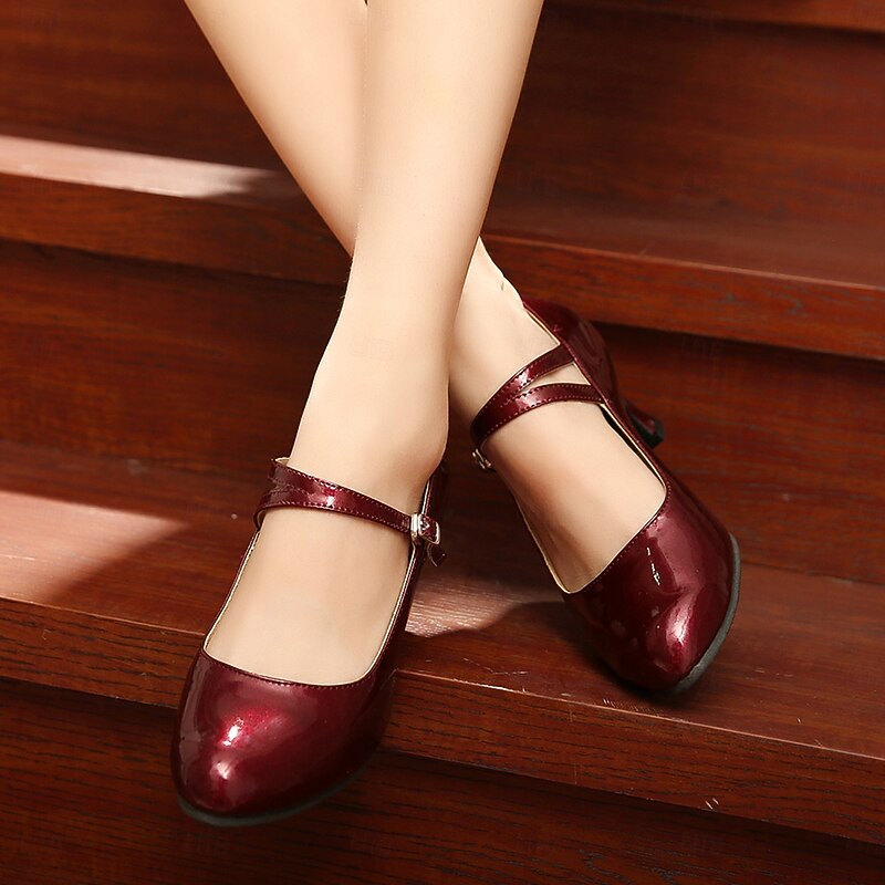 Women's Modern Dance Shoes Prom Ballroom Dance Square Dance Plus Size Heel Cuban Heel Buckle Adults' Dark Red Black White3