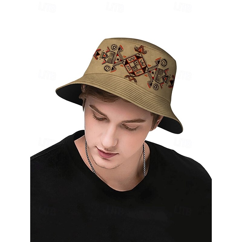 Men's Beige Bucket Hat with Ethnic Geometric Print - Stylish Summer Hat for Outdoor Adventures and Festivals2