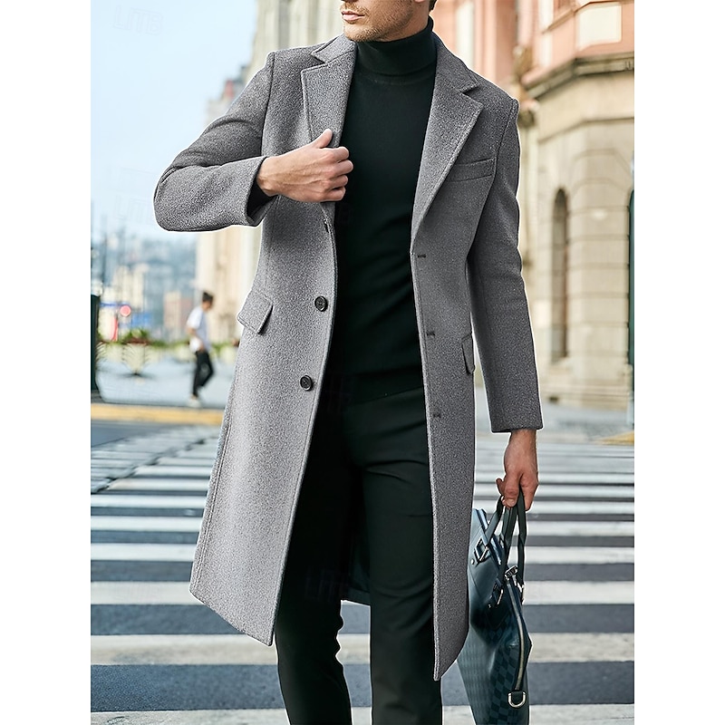 Male Overcoat Coat Trench Coat Daily Wear Buckle Fall & Winter Solid / Plain Color Leisure Lapel Long Camel Black Gray Jacket3