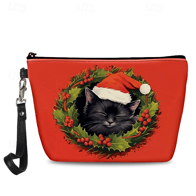 Women's Christmas Cat Print Wristlet Clutch Bag with Gift Box Design, Holiday-Themed Women's Purse for Festive Occasions
