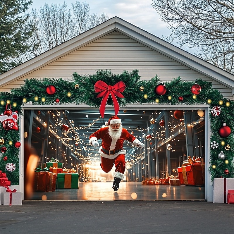 Christmas Outdoor Garage Door Cover Xmas Banner Santa Claus Mall Large Christmas Backdrop Decoration for Holiday Outdoor Garage Door Home Wall Decorations