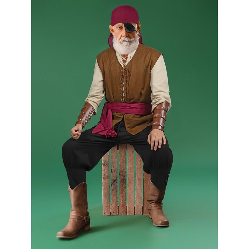 Men's 8 PCS Viking Pirate Outfits Costumes with Armor Set Retro Vintage Medieval Renaissance 17th Century Knight Ritter Ranger Elven Valhalla for Halloween Carnival LARP Ren Faire3