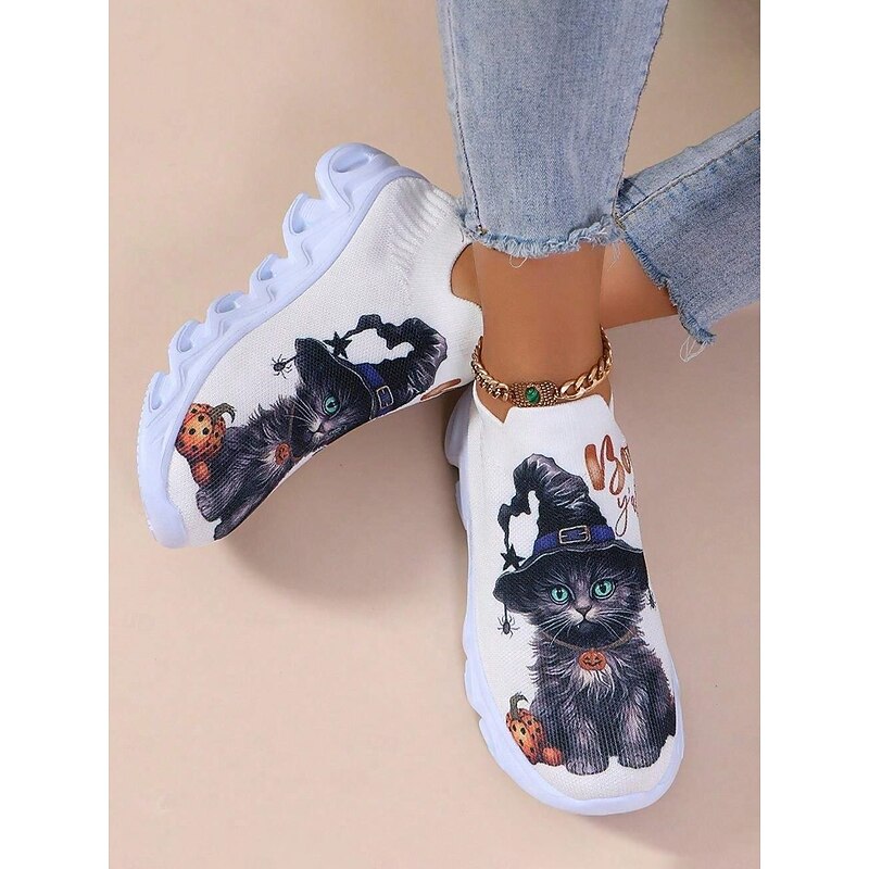 Women's Halloween-Themed Slip-On Sneakers with Cat Print – Comfortable Knit Shoes for Casual and Festive Wear