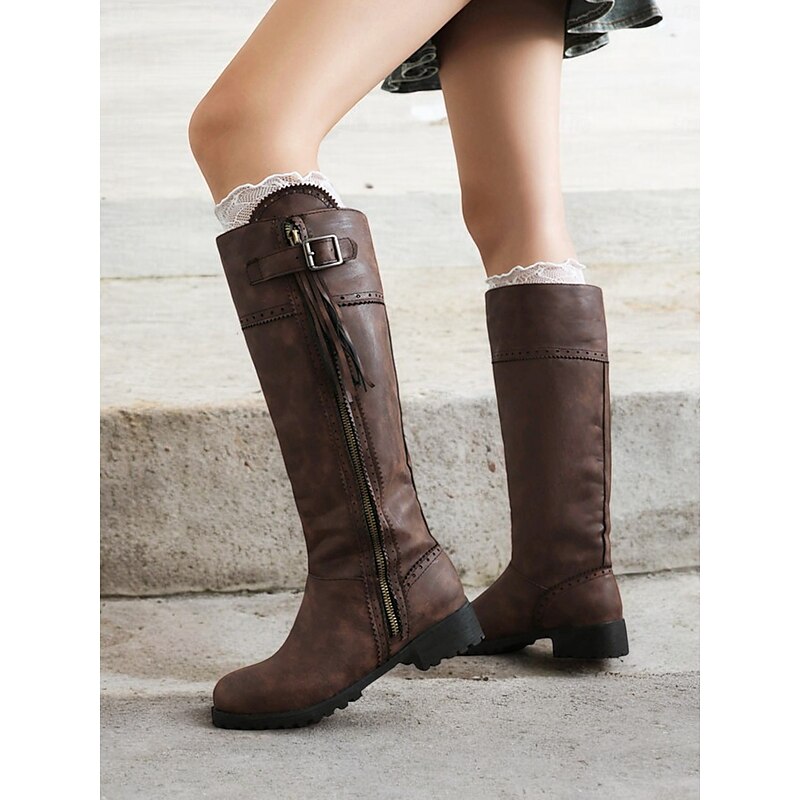 Women's Blue Faux Suede Knee-High Boots with Side Zipper and Tassel Detail, Vintage Style for Fall and Winter Casual Wear2