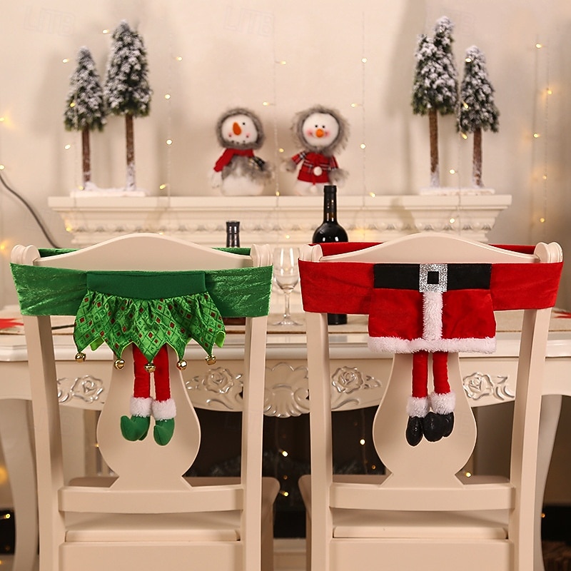 New Christmas Chair Covers, Santa Belt Chair Slipcovers, Festive Holiday Seat Covers with Girl Skirt Design for Dining Room and Home Decoration