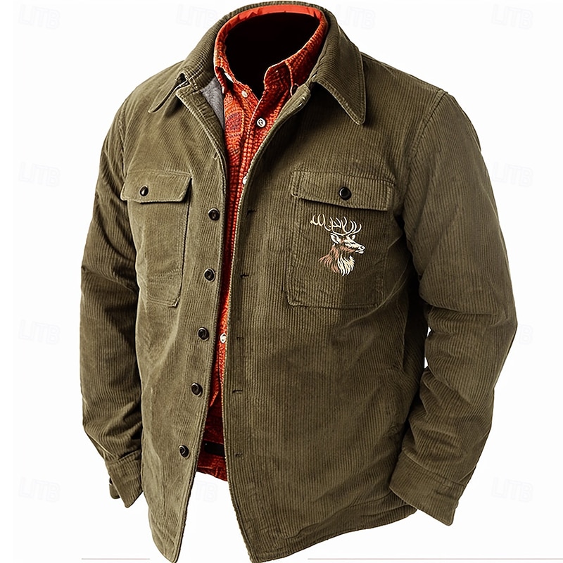 Men's Cowboy Corduroy Shirt Shirt Jacket Overshirt Long Sleeve Vintage Tribal Dailywear Fall & Winter Turndown Collared Shirts Buttons 3D Print 2 Pockets 1pc Army Green Navy Blue Brown