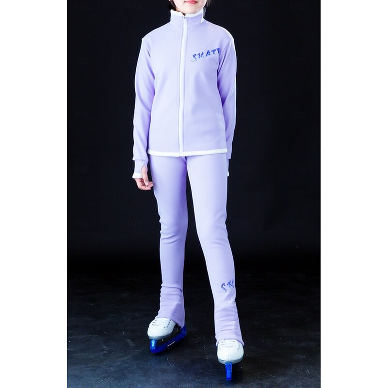 Figure Skating Fleece Jacket Figure Skating Pants Figure Skating Jacket with Pants Women's Girls' Ice Skating Jacket Tights Outfits Light Purple Patchwork Thumbhole Spandex Stretchy Training Practice