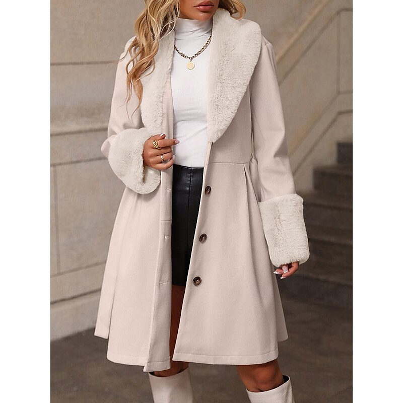 Women's Winter Coat Windproof Warm Buttons With Belt Fur Collar Elegant Outdoor Solid Color Work Casual Single Breasted Turndown Loose Fit Long Sleeve Outerwear Khaki Apricot Fall Winter3
