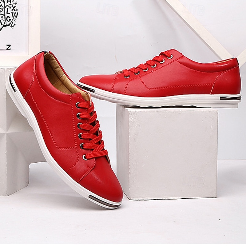 Men's Red Lace-Up Casual Sneakers with White Sole - Stylish Faux Leather Shoes for Everyday Wear2