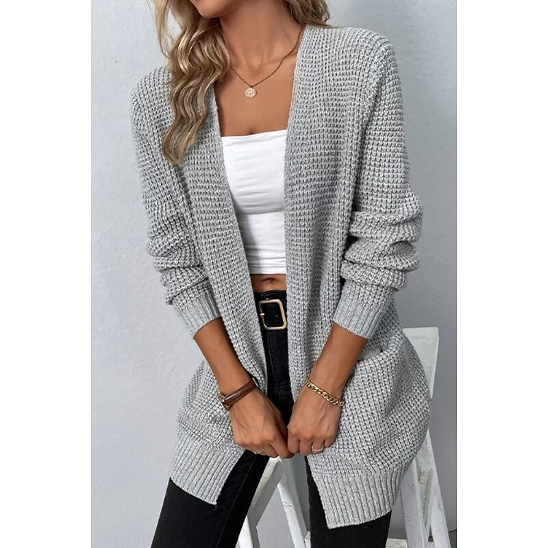 Women's Cardigan Daily Casual Solid Color Crew Neck Knitted Textured Long Sleeve Long Tops Knit Home Work Daily Black Pink Fall Winter