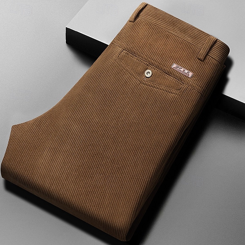 Men's Dress Pants Corduroy Pants Casual Pants Dress Slacks Solid Colored Full Length Office Work Business Trousers Light Khaki Black High Waist Micro-elastic