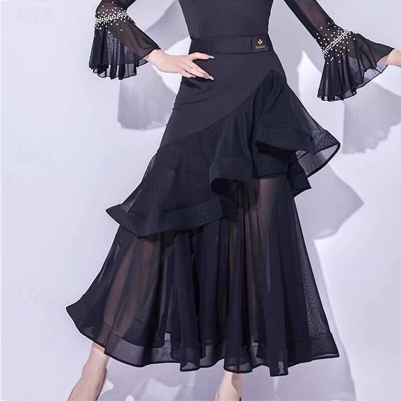 Ballroom Dance Skirts Ruffles Pure Color Splicing Women's Performance Training Mesh Milk Fiber3