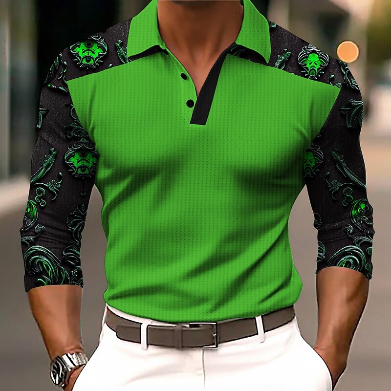 Halloween Men's 3D Print Waffle Polo Shirts Golf Polos Shirts Long Sleeve Polo Shirts Collar Dark Vacation Party Evening Wear Dailywear Buttons 3D Print Spring Fall Winter Red Blue Purple4