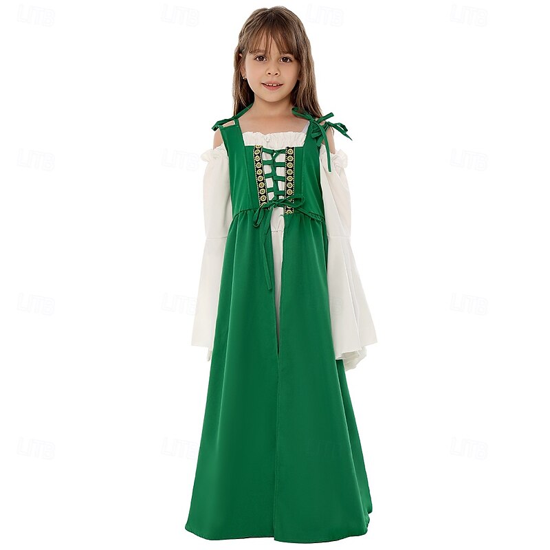 Retro Vintage Medieval Renaissance Dress Chemise OverDress Viking Irish Elven Fancy Dress Girls' Celtic Halloween Carnival Mardi Gras Performance Party LARP Kid's Dress3