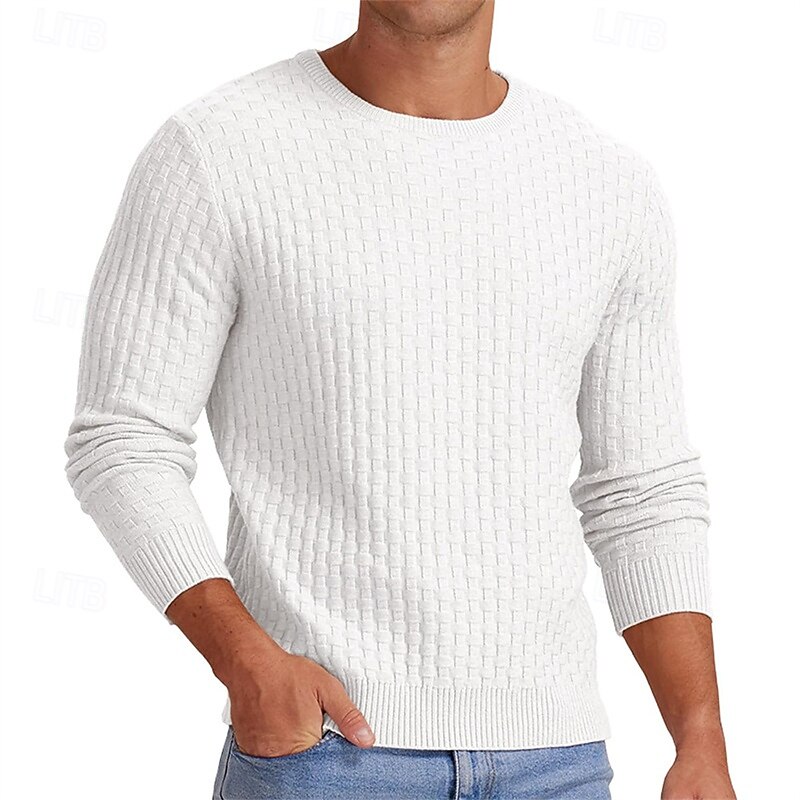 Men's Pullover Sweater Jumper Knit Sweater Ribbed Knit Regular Knitted Jacquard Plain Crew Neck Fashion Basic Daily Wear Date Clothing Apparel Fall & Winter Black White S M L