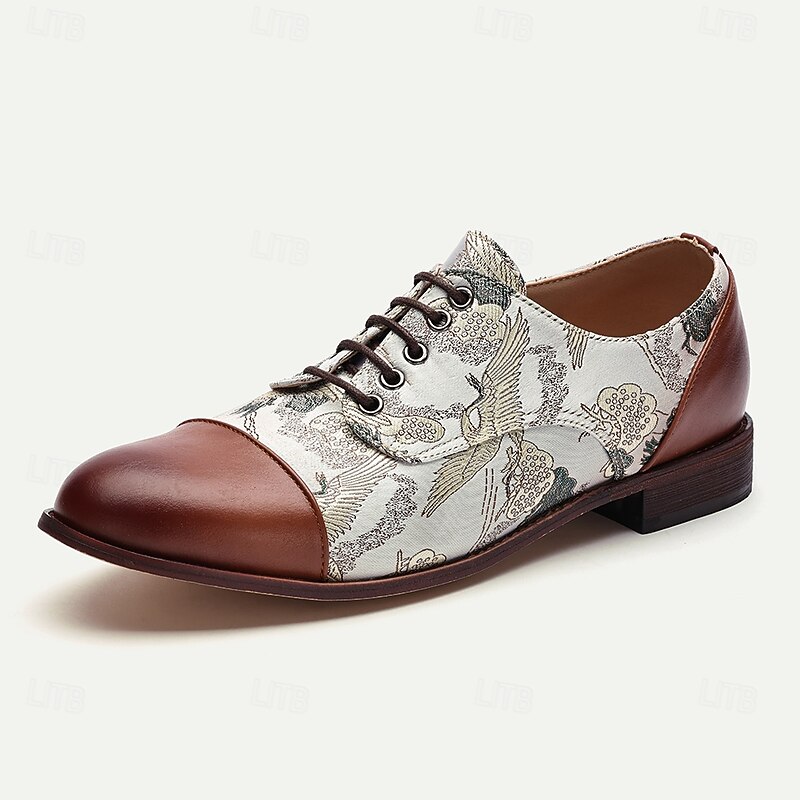 Men's Faux Leather and Jacquard Oxford Shoes - Vintage Lace-Up Dress Shoes with Crane Print for Formal and Casual Wear2