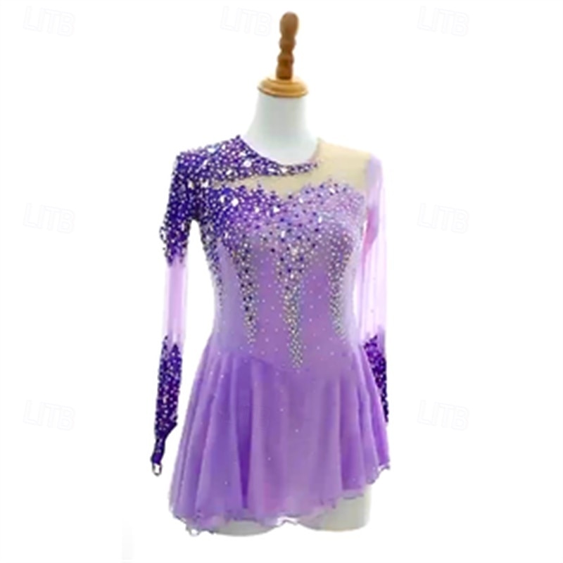 Figure Skating Dress Women's Girls' Ice Skating Dress Pink Purple Patchwork Mesh High Elasticity Training Competition Skating Wear Classic Crystal / Rhinestone Long Sleeve Ice Skating Figure Skating2