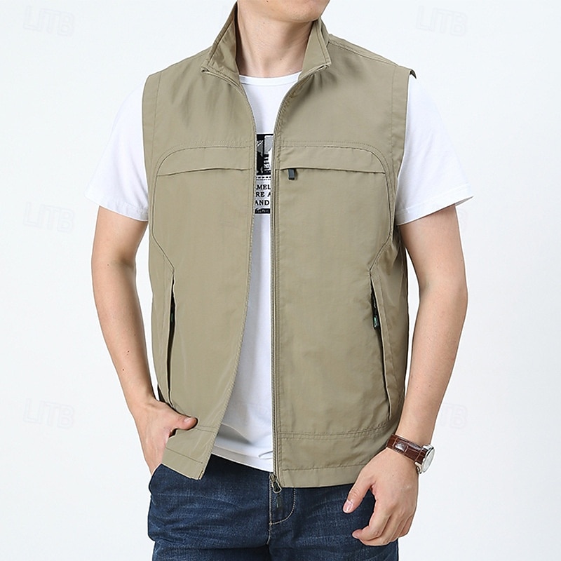 Men's Vest Gilet Fishing Vest Hiking Vest Daily Date Vacation Fashion Casual Spring &  Fall Pocket Nylon Comfortable Mountain Zipper Stand Collar Regular Fit Black Khaki Army Green Dark Blue Vest