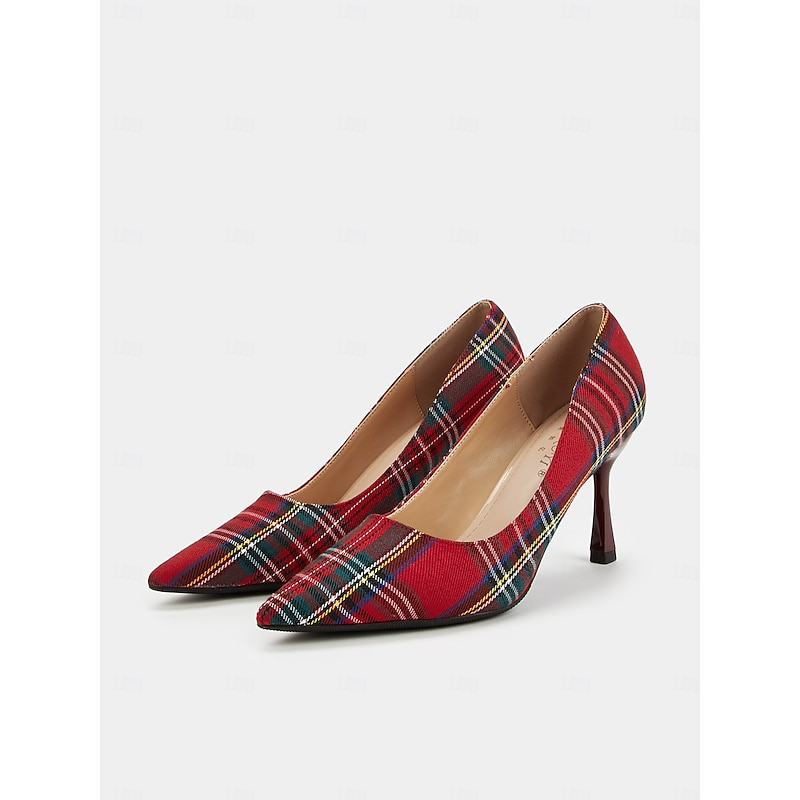 Women's Red Tartan Plaid Pointed Toe Stiletto Heels – Stylish Pumps for Office, Parties, and Holiday Events2