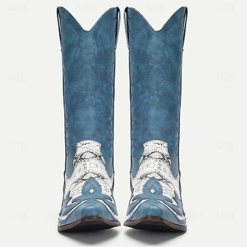 Men's Blue Faux Suede Cowboy Boots with White Snakeskin Accents and Embroidered Design - Western-Style Boots for Rodeo and Outdoor Wear2