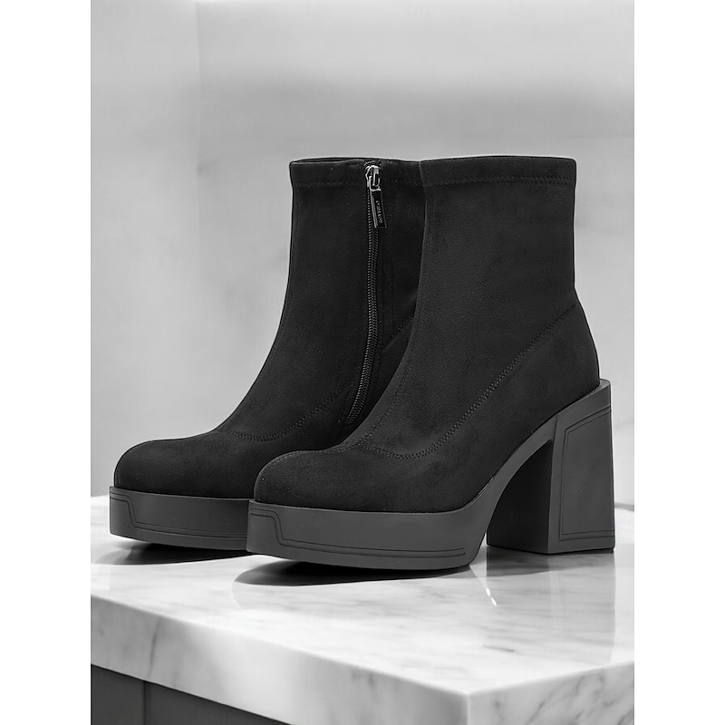 Women's Black Suede Platform Ankle Boots – Chunky High Heel Design for Casual and Party Wear3