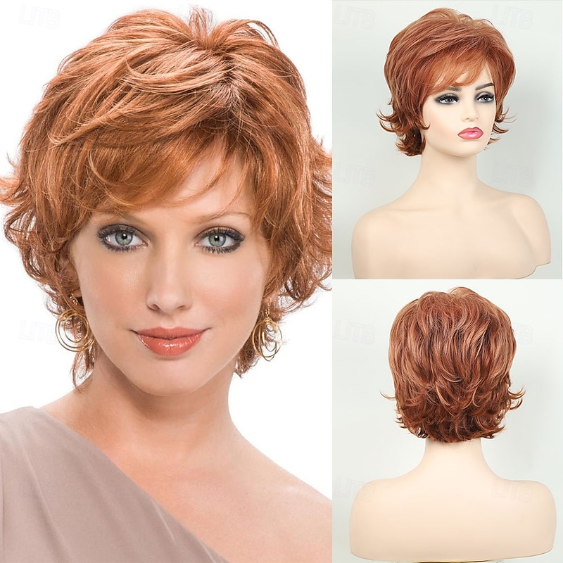 Orange Short Wigs for White Women, Brown Wig with Bangs Short Curly Pixie Cut Wigs Charming Synthetic Glueless Layered Wavy Wigs For Old Lady