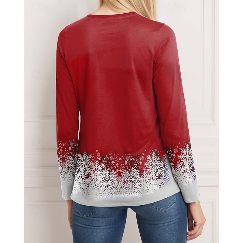 Women's Christmas Tunic 3/4 Sleeve Christmas Tree Print Casual Stretchy Red White Snowflake Crew Neck Festive Winter Wear2