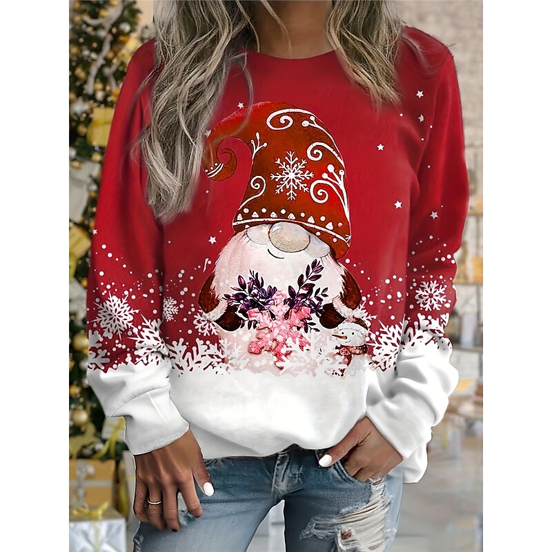 Women's Sweatshirt Gnome Print Snowflake Crew Neck Long Sleeve Casual Holiday Top Green White Winter Apparel4