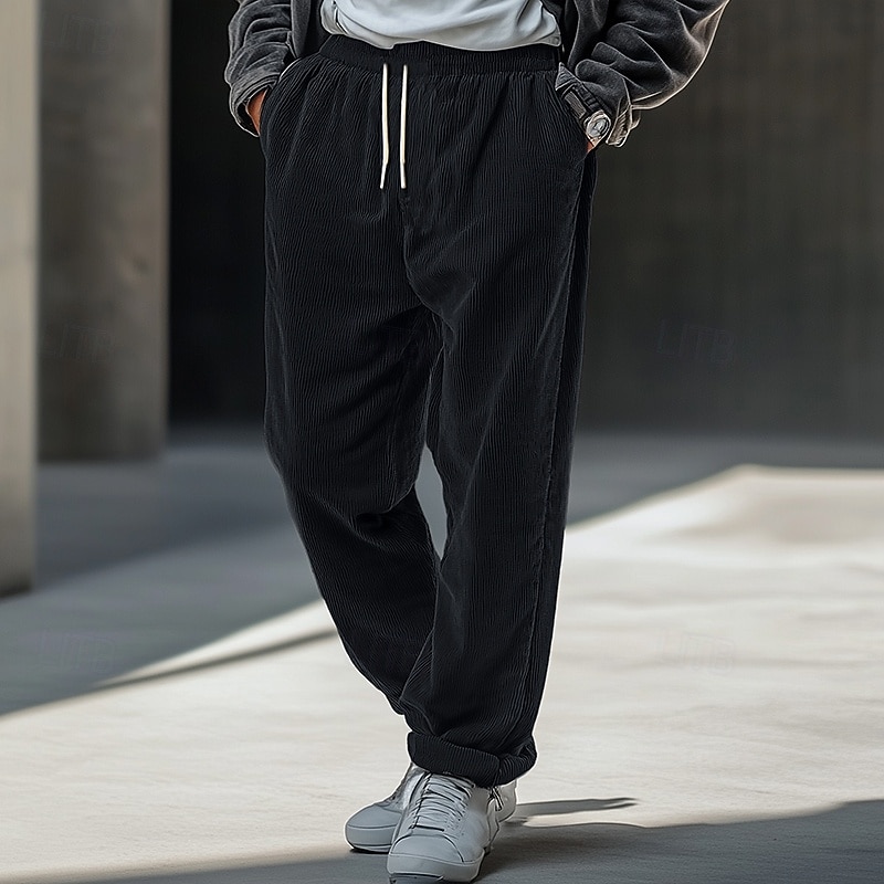 Men's Dress Pants Corduroy Pants Trousers Casual Pants Drawstring Elastic Waist Straight Leg Plain Comfort Warm Full Length Outdoor Casual Daily Fashion Streetwear Black Khaki2