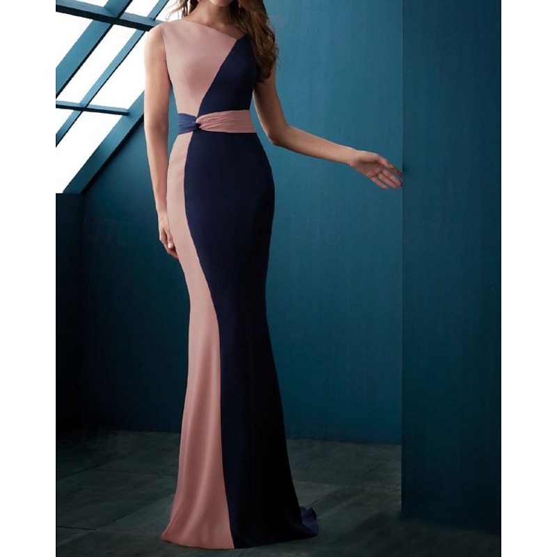 Mermaid Evening Gown Elegant Dress Formal Evening Sweep / Brush Train Sleeveless Jewel Neck Fall Wedding Guest Chiffon with Sleek4