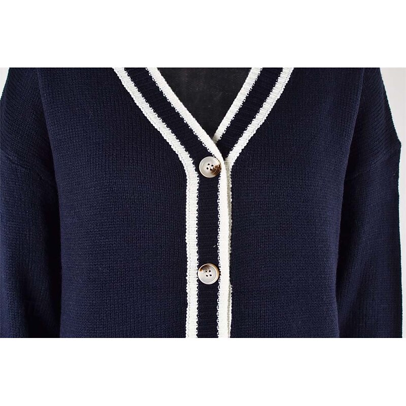 Women's Cardigan Fashion Streetwear Daily Color Block Open Front Knitted Long Sleeve Long Tops Knit Work White Navy Blue Fall Winter 5