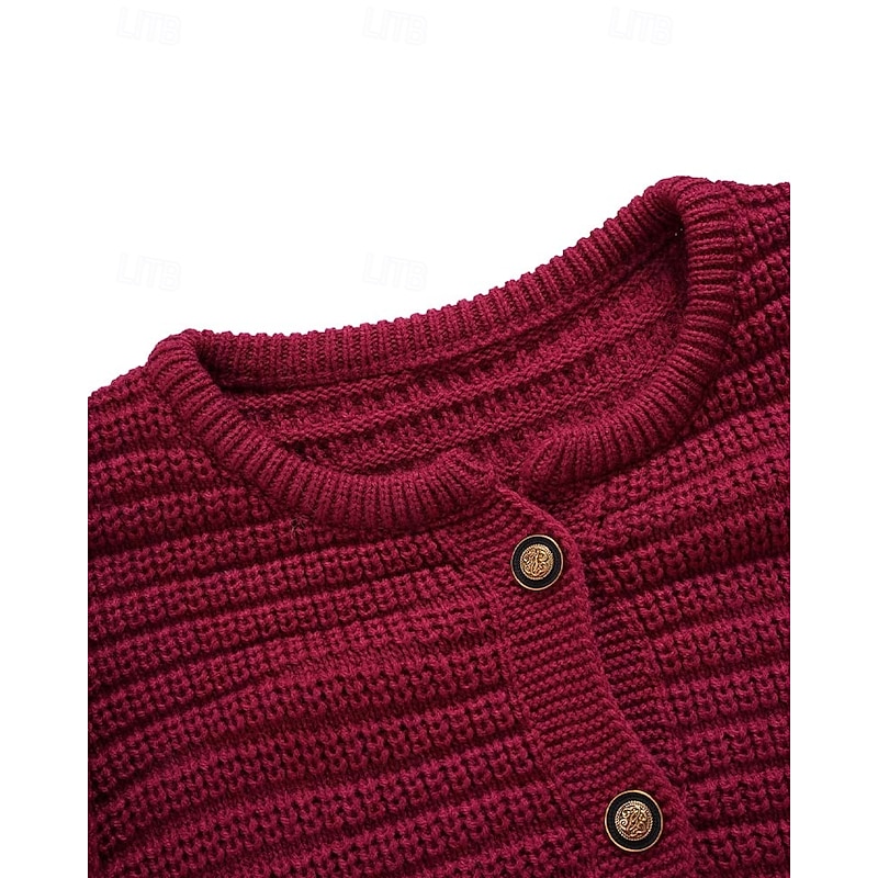 Women's Classic Cardigan Crew Neck Knitted Textured Fall Winter Formal Elegant Fashion Daily Long Sleeve Solid Color Wine Red Black2
