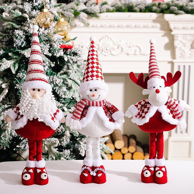 Christmas Plush Figurines, Red and White Striped Santa Claus, Snowman, and Reindeer Stretchable Dolls, Xmas Holiday Decorations for Festive Display