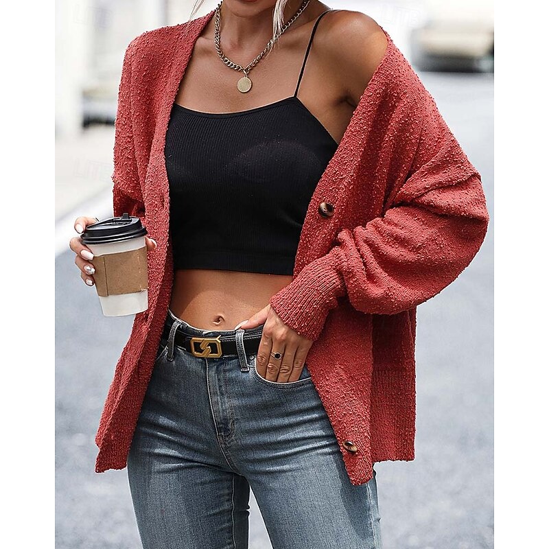 Women's Sweater Cardigan Daily Casual Solid Color Shirt Collar Knitted Textured Long Sleeve Regular Tops Knit Home Work White Red Fall Winter3